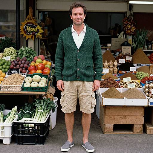 Photograph of a smiling, medium-build man with curly brown hair, wearing a green cardigan, beige shorts, and gray slip-on shoes, standing