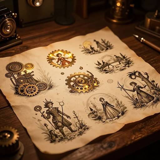 Vintage-style ink drawing on aged paper, featuring intricate gears, flowers, and figures in medieval attire, illuminated by warm, yellow light.