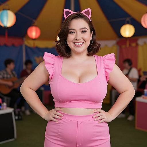 Photograph of a smiling, curvy woman with light skin, dark brown hair, wearing pink cat ears, and a matching pink ruffled crop top