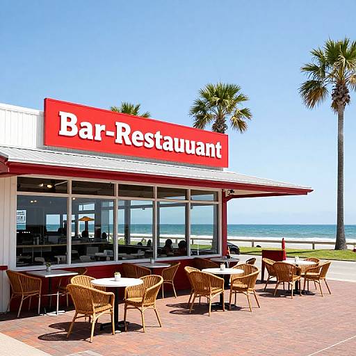 Photograph of a bright red Bar-Restaurant sign with wicker chairs on a sunny beachfront patio, palm trees, and ocean view.