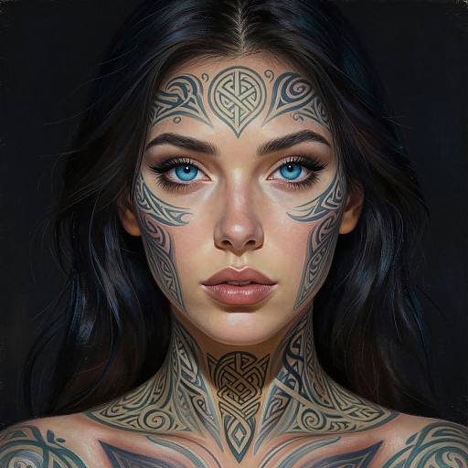 Digital artwork of a striking woman with blue eyes, dark hair, and intricate tribal tattoos covering her face and neck. Her intense gaze and detailed ink stand