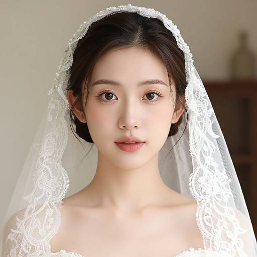 Photograph of an East Asian bride with fair skin, dark hair, and delicate features, wearing a white lace veil and simple white dress, looking directly