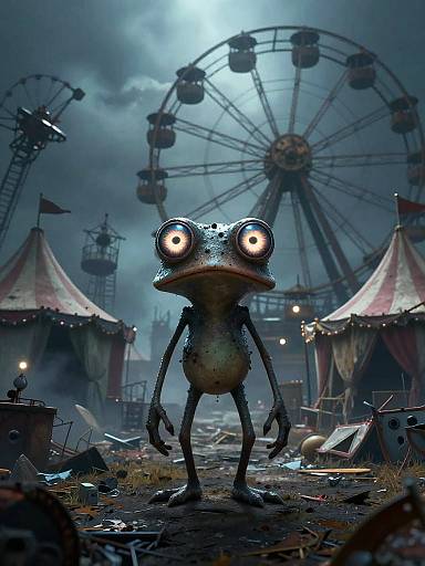 Digital artwork of a creepy, wide-eyed frog standing in a dark, abandoned carnival with a large, illuminated Ferris wheel and dilapidated tents.