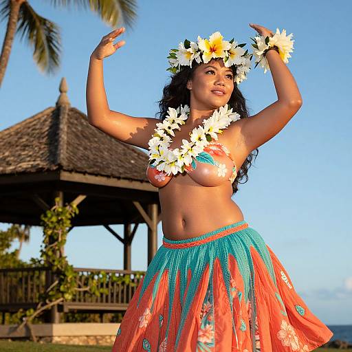 Photograph of a topless, dark-haired woman with a flower crown and lei, dancing in a hula skirt on a tropical beach, with a