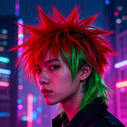 Neon-lit city night portrait of androgynous person with spiky red and green hair, rain falling, serious expression, colorful urban lights