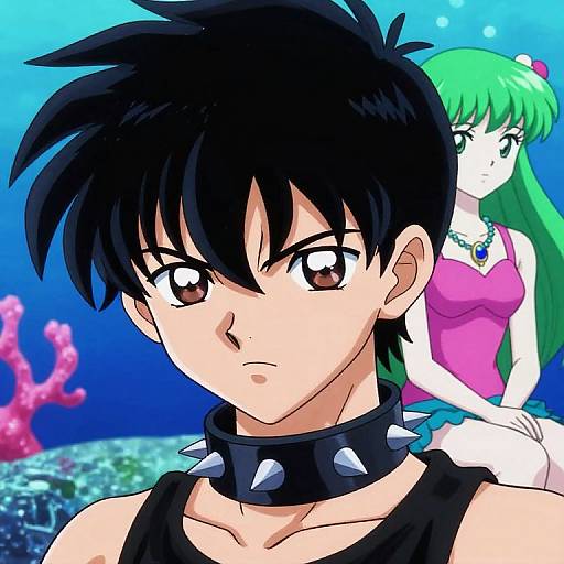 Anime-style digital drawing of a serious black-haired boy with spiked collar, front and center, with green-haired girl in pink top behind him, underwater background