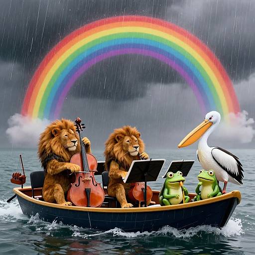 Whimsical illustration: Two anthropomorphic lions play cellos, green frogs read sheet music, and a white pelican stands in a boat on a