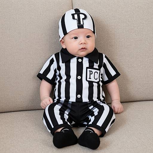 Photograph of a baby wearing a black-and-white striped referee outfit with a cap, sitting on a beige couch.