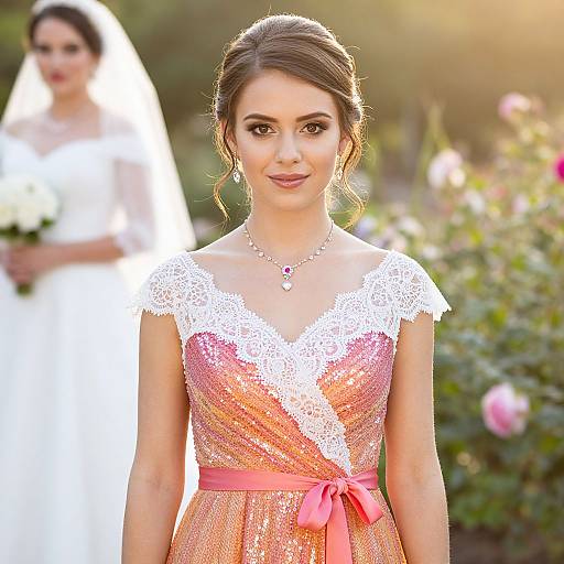 Photograph of a bride in an orange and white lace dress with pink ribbon, standing in a sunlit garden, blurred bridesmaid in white dress behind