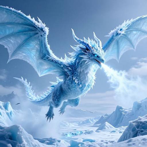Digital illustration of a fierce, blue, ice-covered dragon with glowing eyes and icy wings, soaring over a snow-covered, mountainous landscape.
