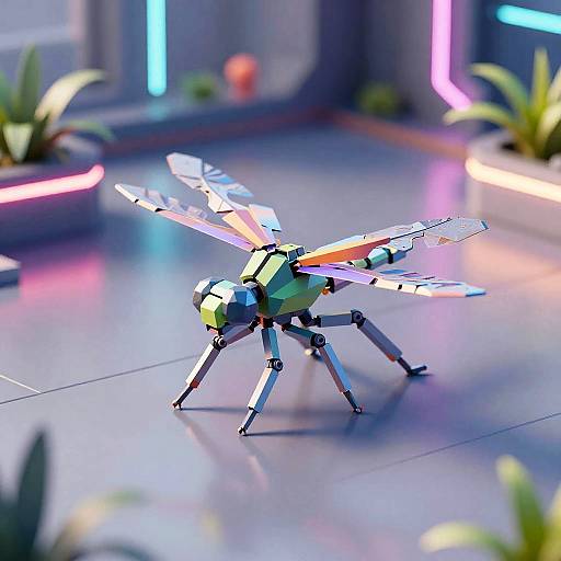 Photograph of a colorful, detailed LEGO dragonfly with translucent wings, standing on a shiny, neon-lit floor, surrounded by small plants.