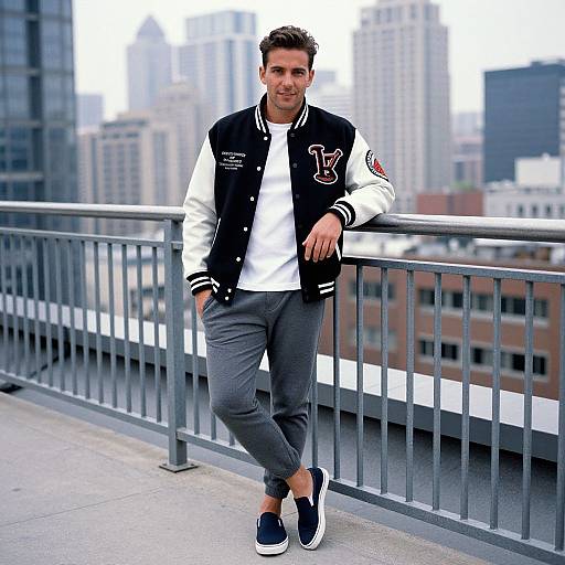 Photograph of a smiling young man with short brown hair, wearing a black and white varsity jacket, white shirt, gray pants, and blue sneakers