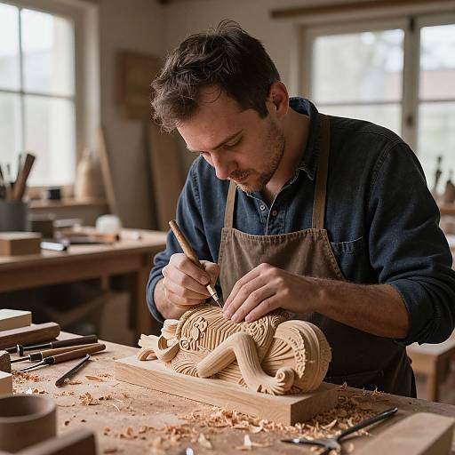 Expert Craftsman Carving Wooden Sculpture
