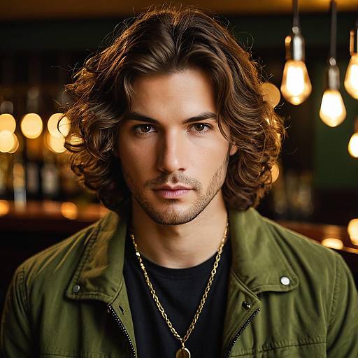 Handsome Young Man with Wavy Hair in Bar