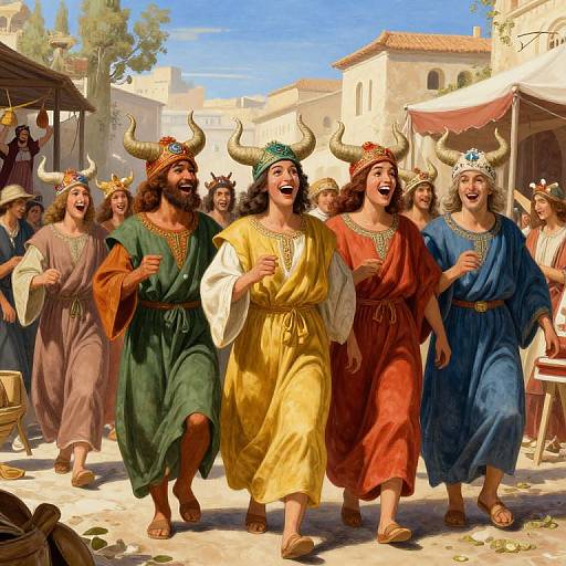 Whimsical Horned Procession in Marketplace