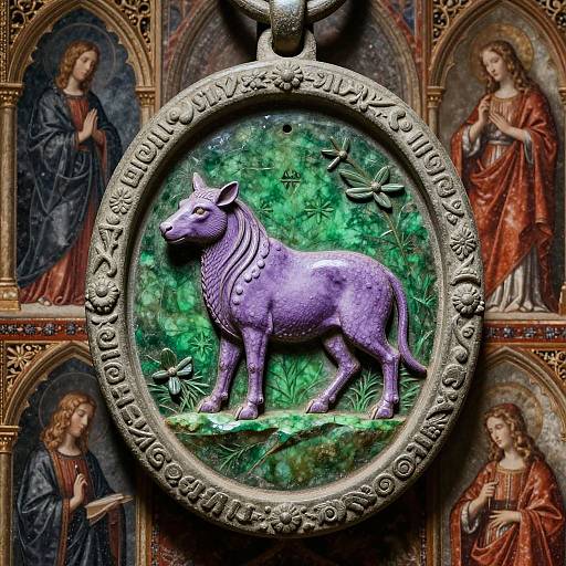 Medieval-style pendant featuring a purple, detailed unicorn in a green forest, surrounded by intricate Latin text, with four religious figures in ornate arches