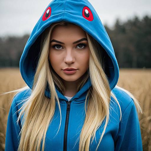 Blonde Woman in Blue Pokémon Hoodie