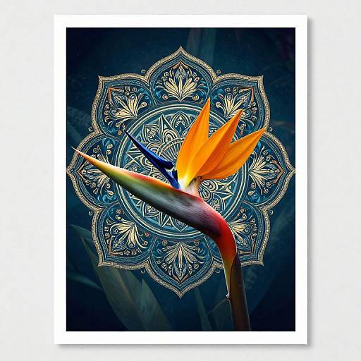 Photograph of a vibrant bird of paradise flower with bright orange and blue feathers against a detailed, intricate blue mandala background.