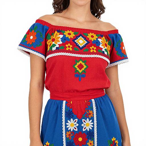 Photograph of a woman in a vibrant red off-shoulder dress with blue skirt, adorned with colorful floral embroidery, white lace trim, against a