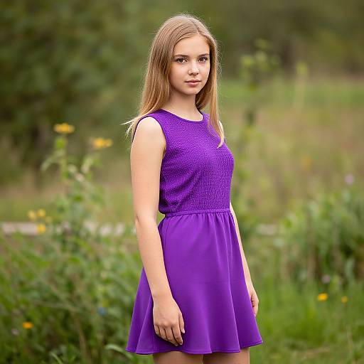Photograph of a young Caucasian girl with long blonde hair, wearing a sleeveless purple dress, standing in a lush, green outdoor field with blurred flowers