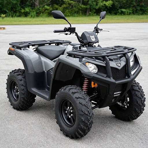 Photograph of a black, rugged, four-wheeled all-terrain vehicle (ATV) with large, knobby tires, black rims,