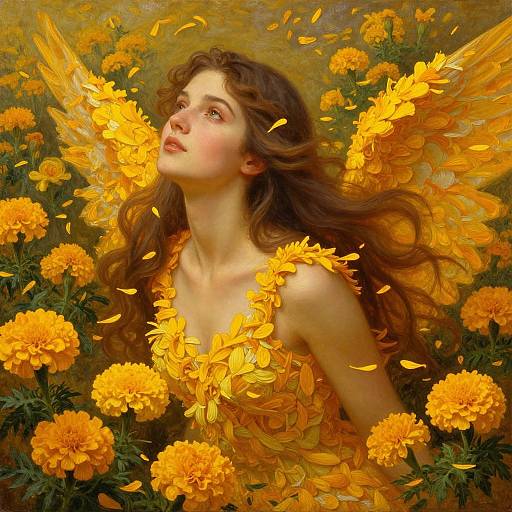 Digital painting of a fair-skinned, brown-haired woman with yellow marigold wings and petals, surrounded by blooming marigolds, gazing
