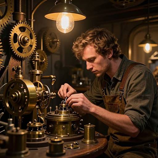 Photograph: Young Caucasian man with curly brown hair, wearing denim overalls and dark shirt, concentrates on intricate brass machinery under warm, industrial lighting in