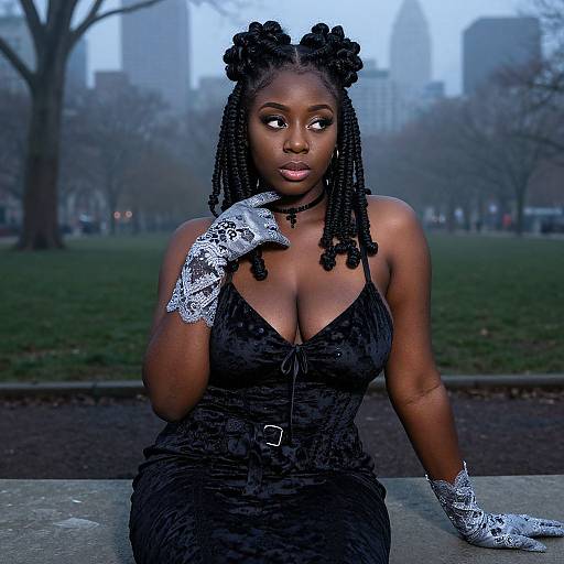 Photograph of a dark-skinned Black woman with braided hair, wearing a black velvet dress and lace gloves, sitting in a park at twilight,