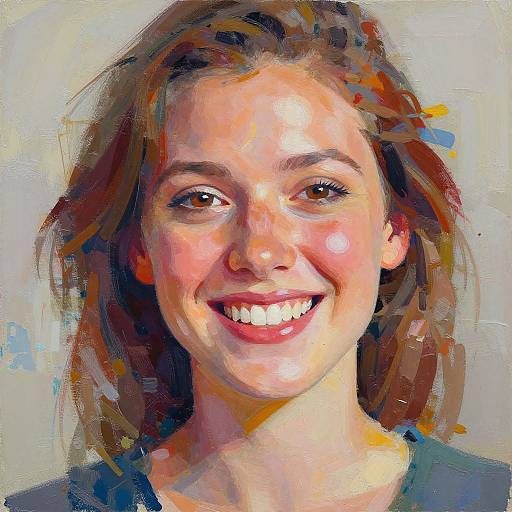 Digital impressionist portrait of a smiling young woman with fair skin, brown hair, and bright eyes, using vivid, dynamic brushstrokes.
