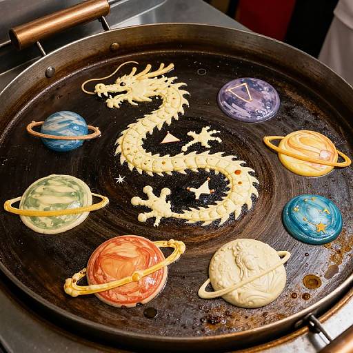 Photograph of a frying pan with a white dragon-shaped dough figure surrounded by colorful planet-shaped doughs, including blue, purple, yellow, orange,