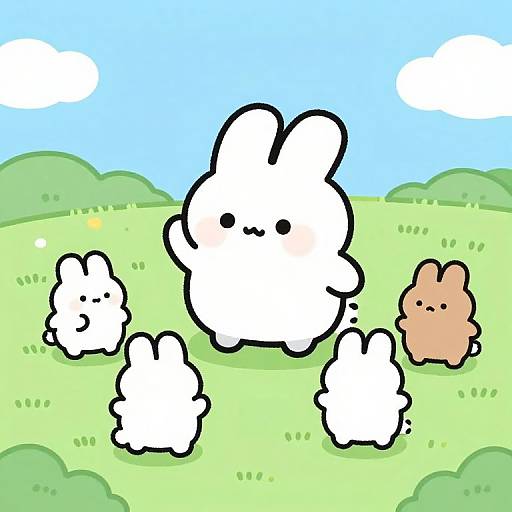 Cute cartoon drawing of six fluffy cloud-like creatures with black eyes, in a bright green meadow under a blue sky.