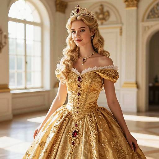 Photograph of a blonde princess in a golden, off-shoulder, ornate ball gown with red gems, wearing a tiara, standing in
