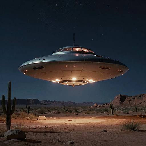 Photograph of a glowing, saucer-shaped UFO hovering above a desert landscape at night, with cacti and rocky terrain below.