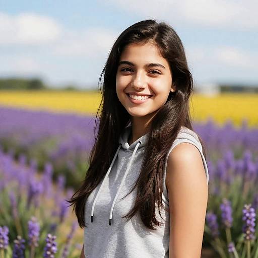 Smiling Woman in Purple Flower Field