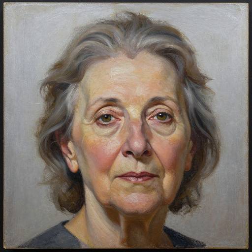 Realistic oil painting of an older woman with short, wavy gray hair, fair skin, brown eyes, and subtle smile against a plain gray background