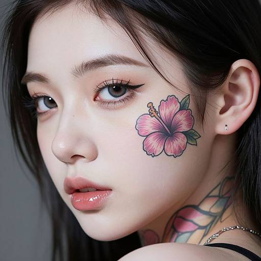 Photograph of a fair-skinned, black-haired woman with a pink hibiscus tattoo near her right eye, glossy pink lips, and a