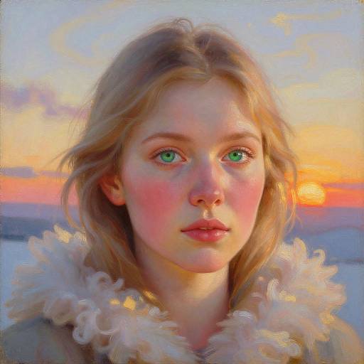 Digital painting of a young woman with green eyes, pink cheeks, and blonde hair, wearing a fur-lined jacket, against a sunset sky.