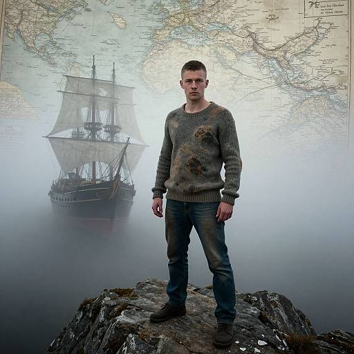 Photograph of a serious, young man in a dirty, patterned sweater and jeans standing on a rocky cliff, foggy background with a vintage sailing