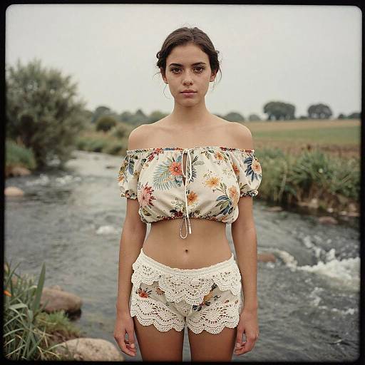 Photograph of a young woman with olive skin, dark hair, wearing off-shoulder floral top and white lace shorts, standing in front of a