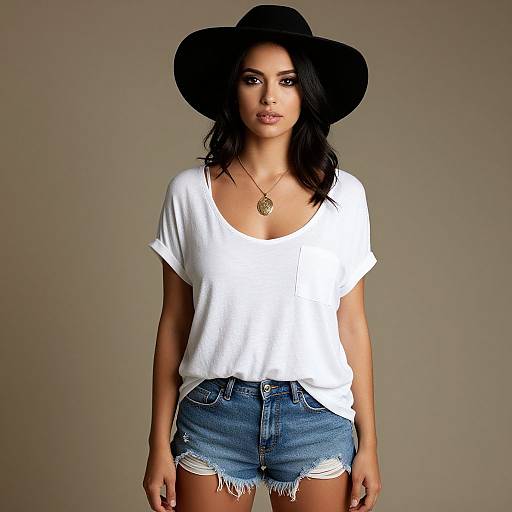 Photograph of a young woman with dark hair, wearing a black wide-brim hat, white loose t-shirt, and frayed denim shorts, standing