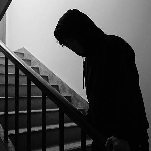 Mysterious Hooded Figure on Dark Stairs