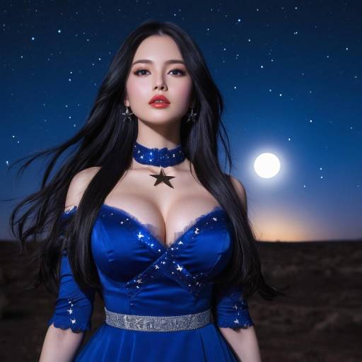 Woman in Star-themed Blue Dress Under Starry Night Sky