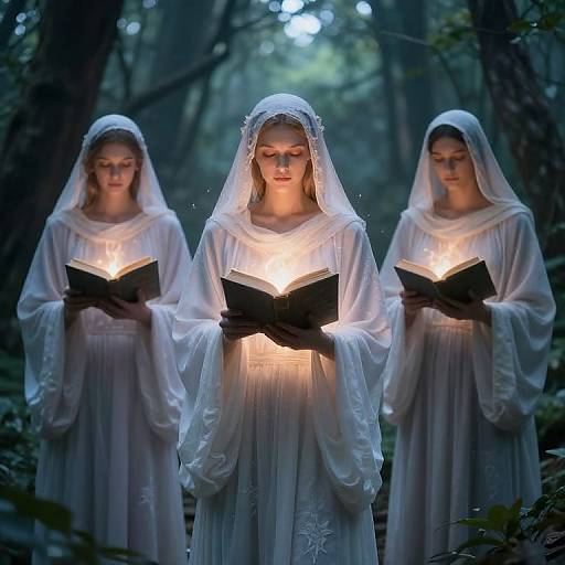 Photograph of three ethereal women in white, flowing nun-like robes with veils, standing in a dark forest, each holding a glowing book.