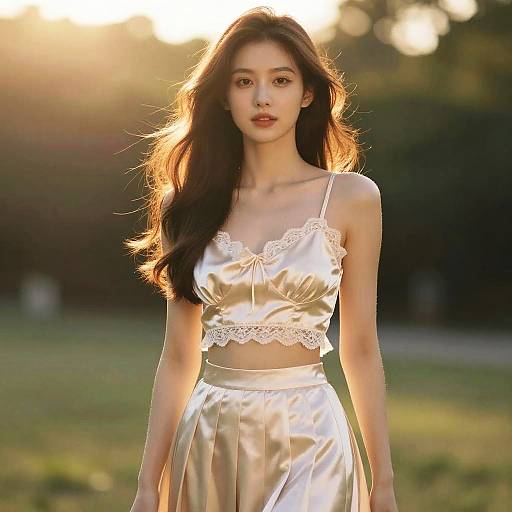 Photograph of an East Asian woman with long, wavy black hair, wearing a shiny white lace-trimmed satin camisole top and matching