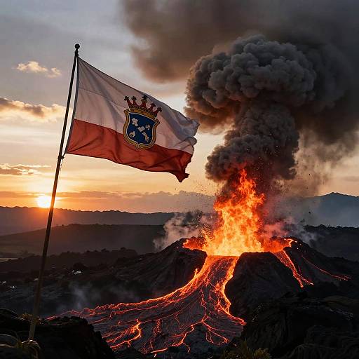 Volcanic Eruption at Sunset with Flag