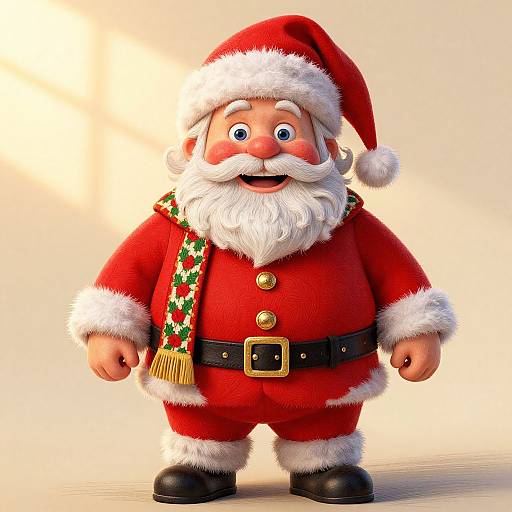 CGI image of a chubby, cheerful Santa Claus with a big smile, red suit, white fur trim, black belt, and green scarf, standing