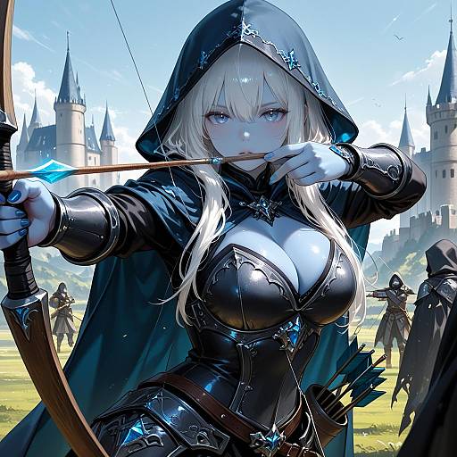 Fantasy Archer Woman in Armor Aiming Bow