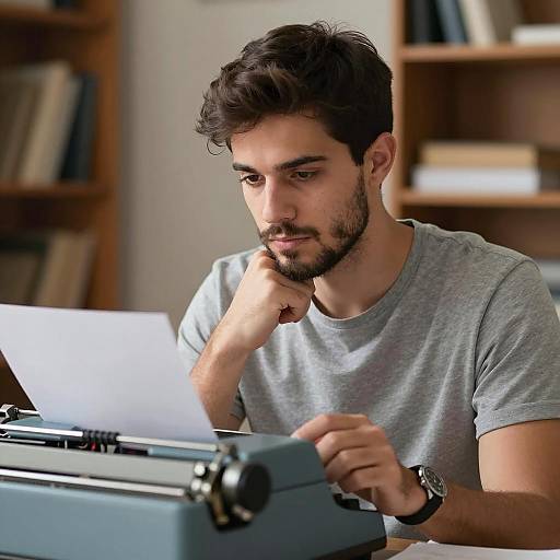 Focused Young Man at a Typewriter