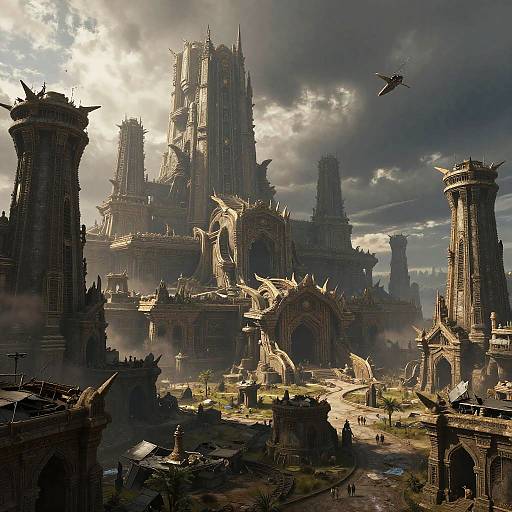Fantasy CGI scene: Sunlit, towering, gothic cathedral city with intricate spires and arches. Dark clouds, flying dragon, small figures