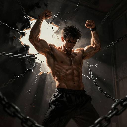 Muscular, shirtless man with spiky black hair, breaking chains with glowing energy, standing in dark, smoky dungeon, powerful and dramatic.